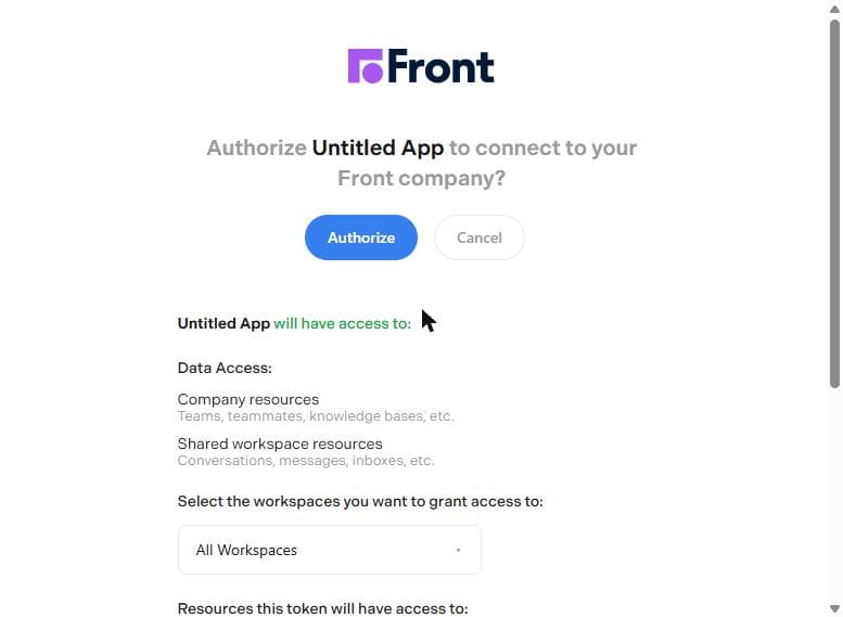 Front's approval page: what the app will have access to, and the Authorize / Cancel buttons.