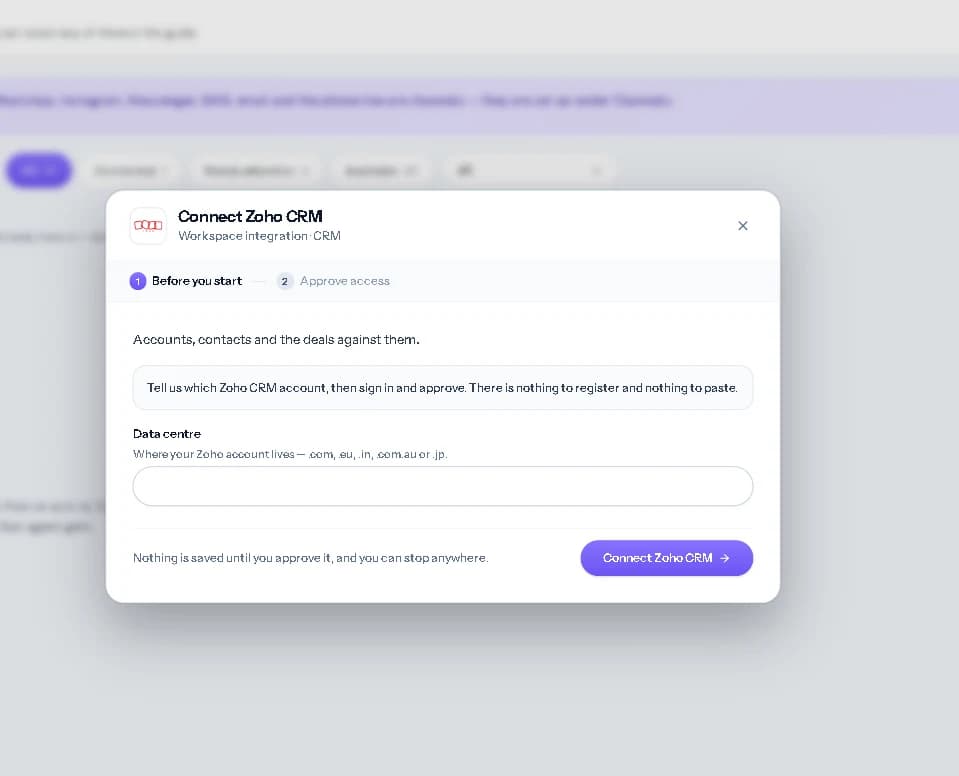 Enter the data centre that matches your Zoho account.