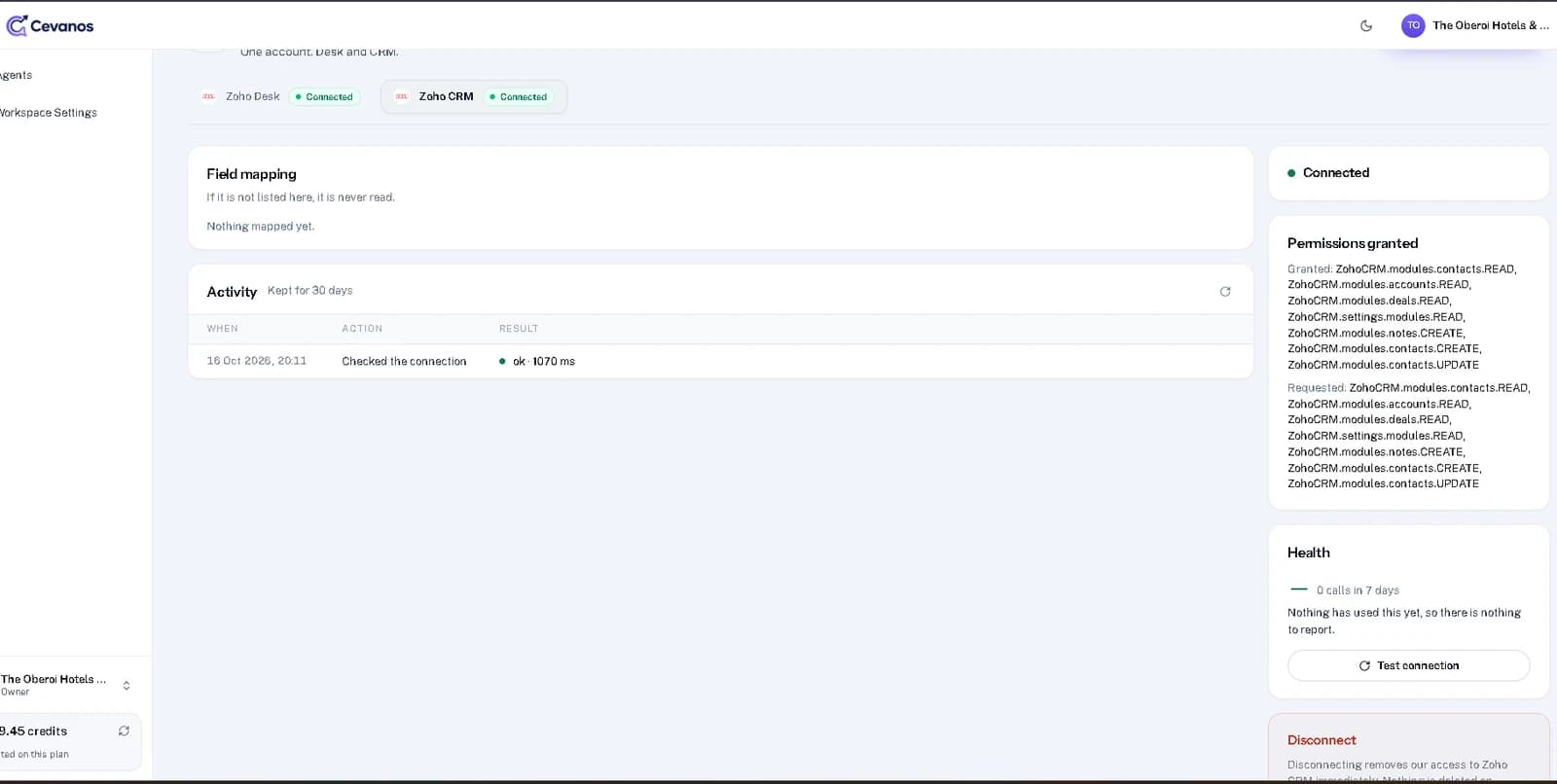 Zoho CRM connection details after authorization.