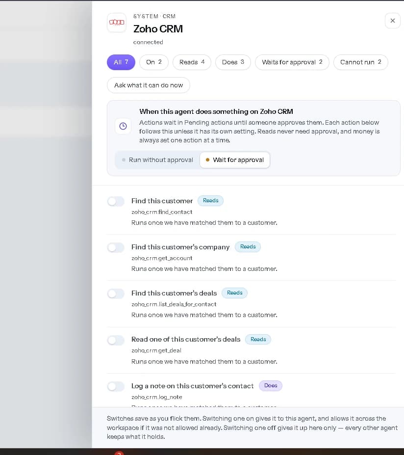 Zoho CRM actions before they are switched on.