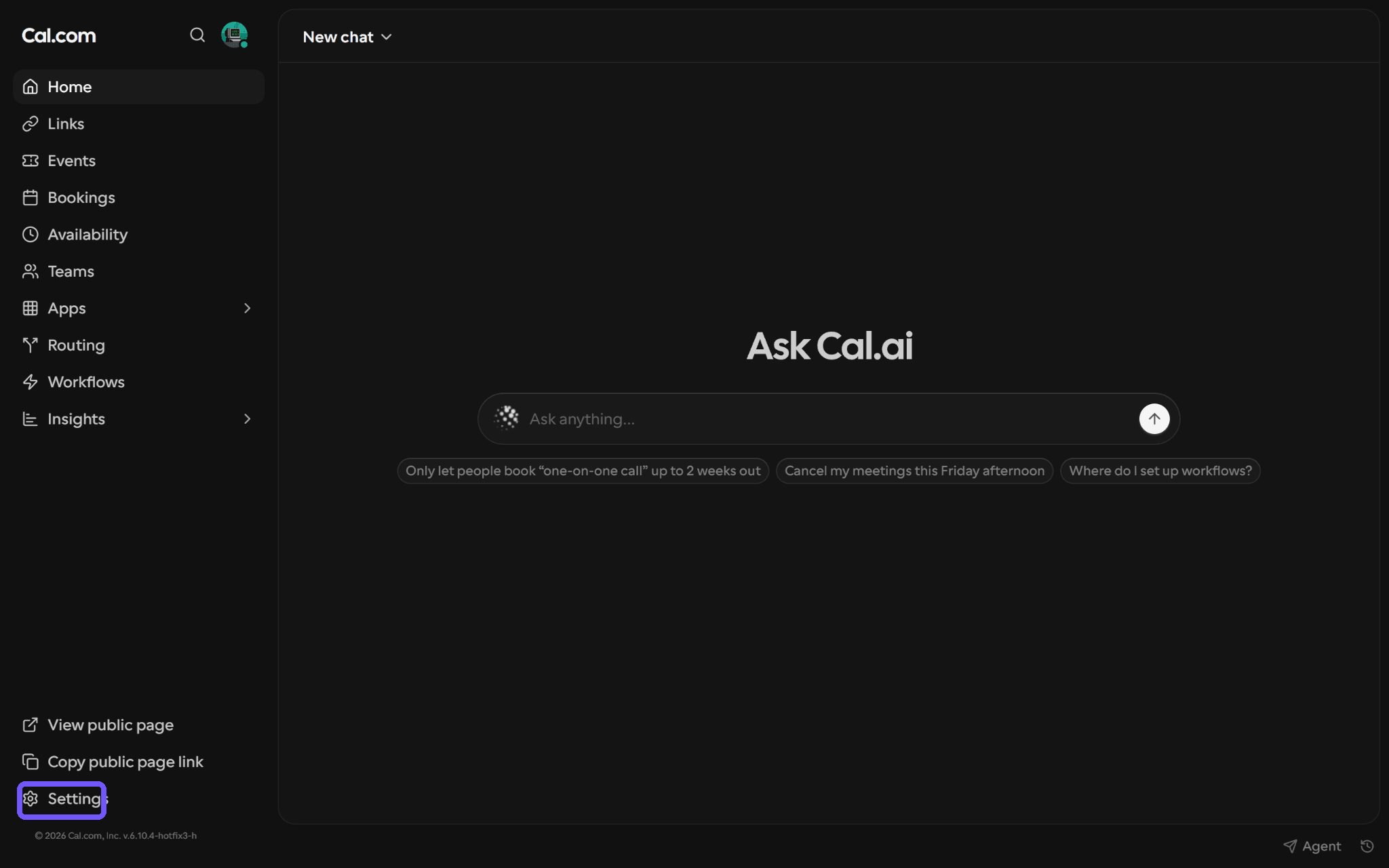Cal.com: open Settings (purple rectangle).
