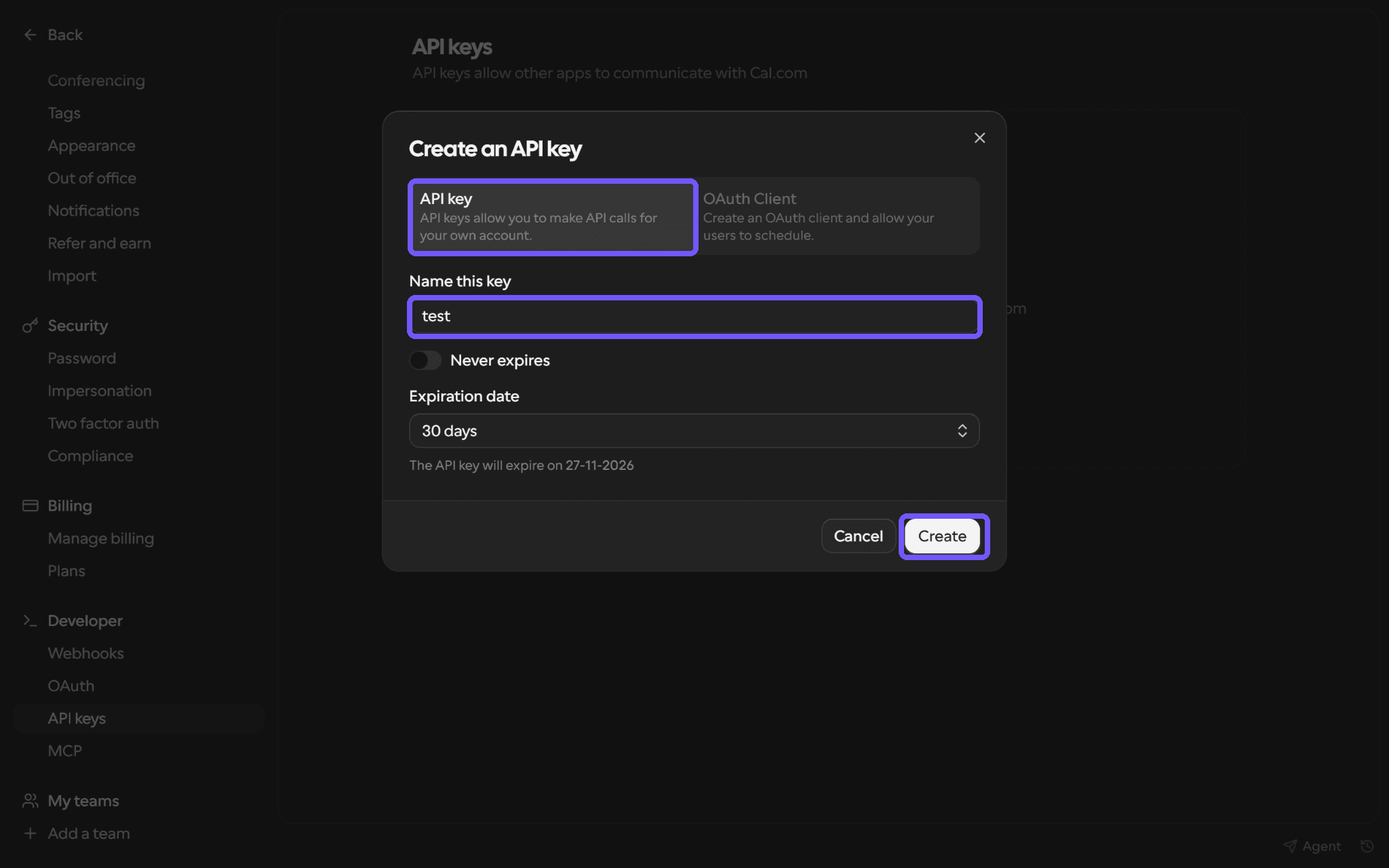 Select API key, fill in Name this key, choose an expiry and click Create.