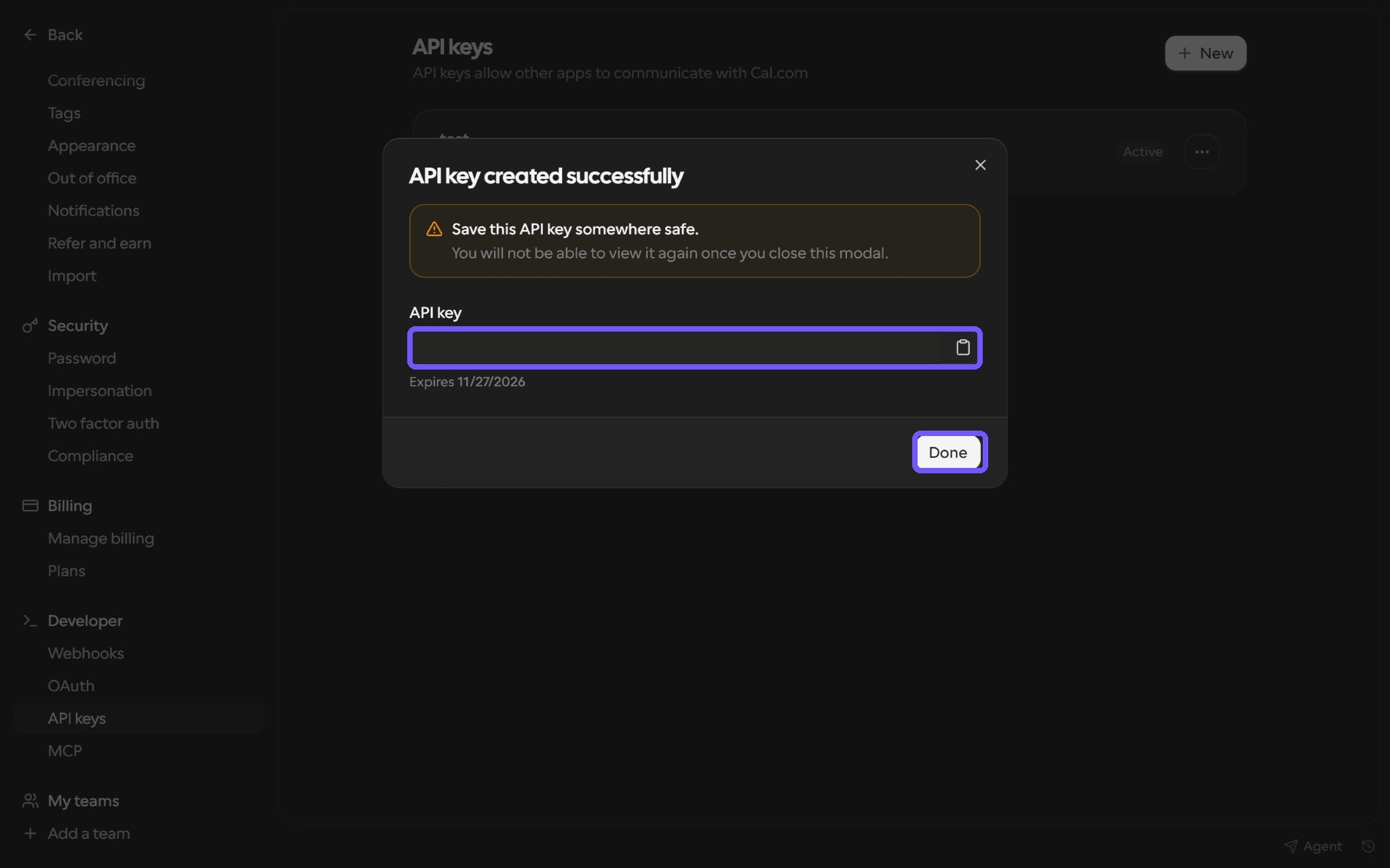 Copy the API key using the copy icon, save it securely, then click Done.