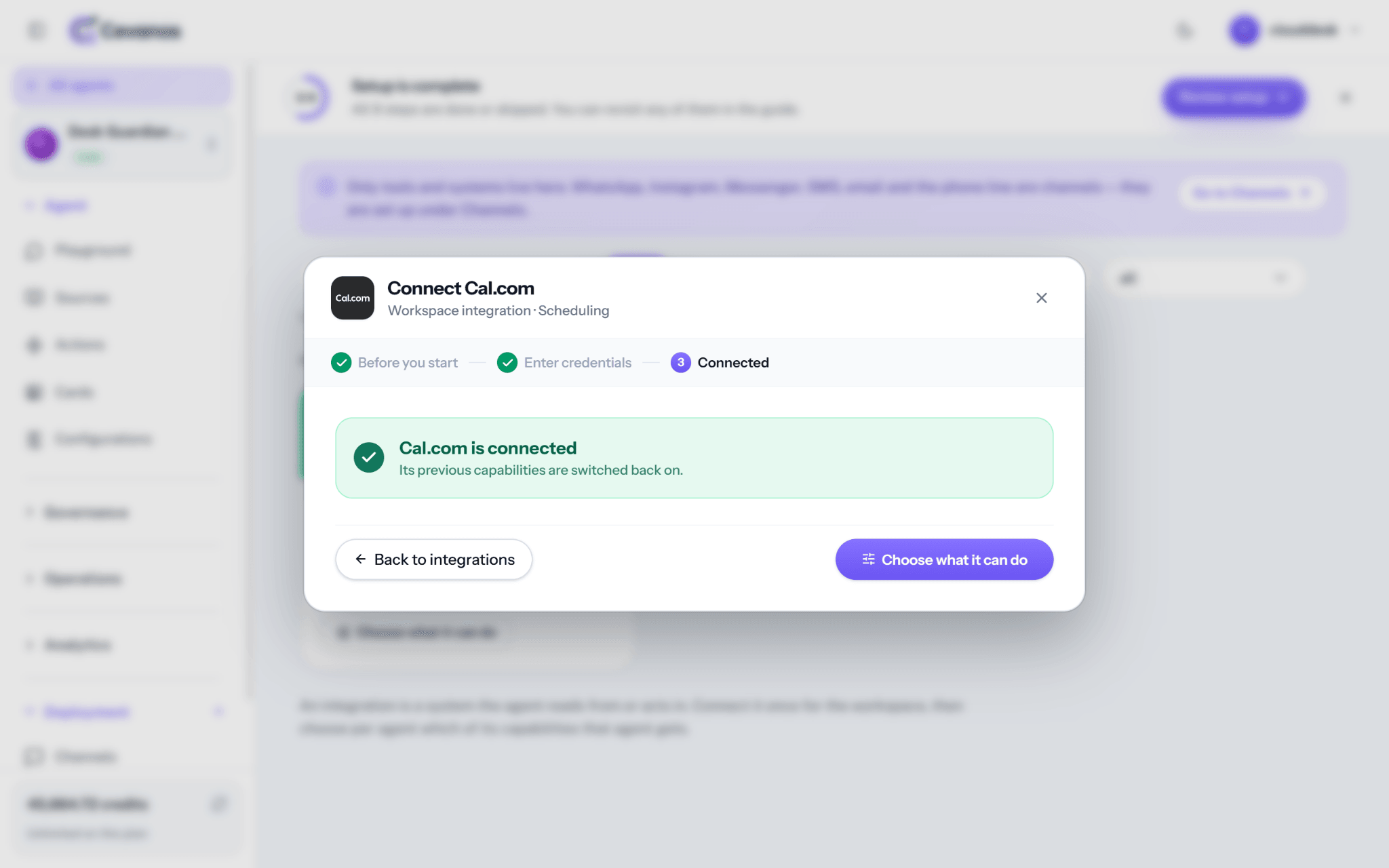 Connected confirmation; continue to capability settings.