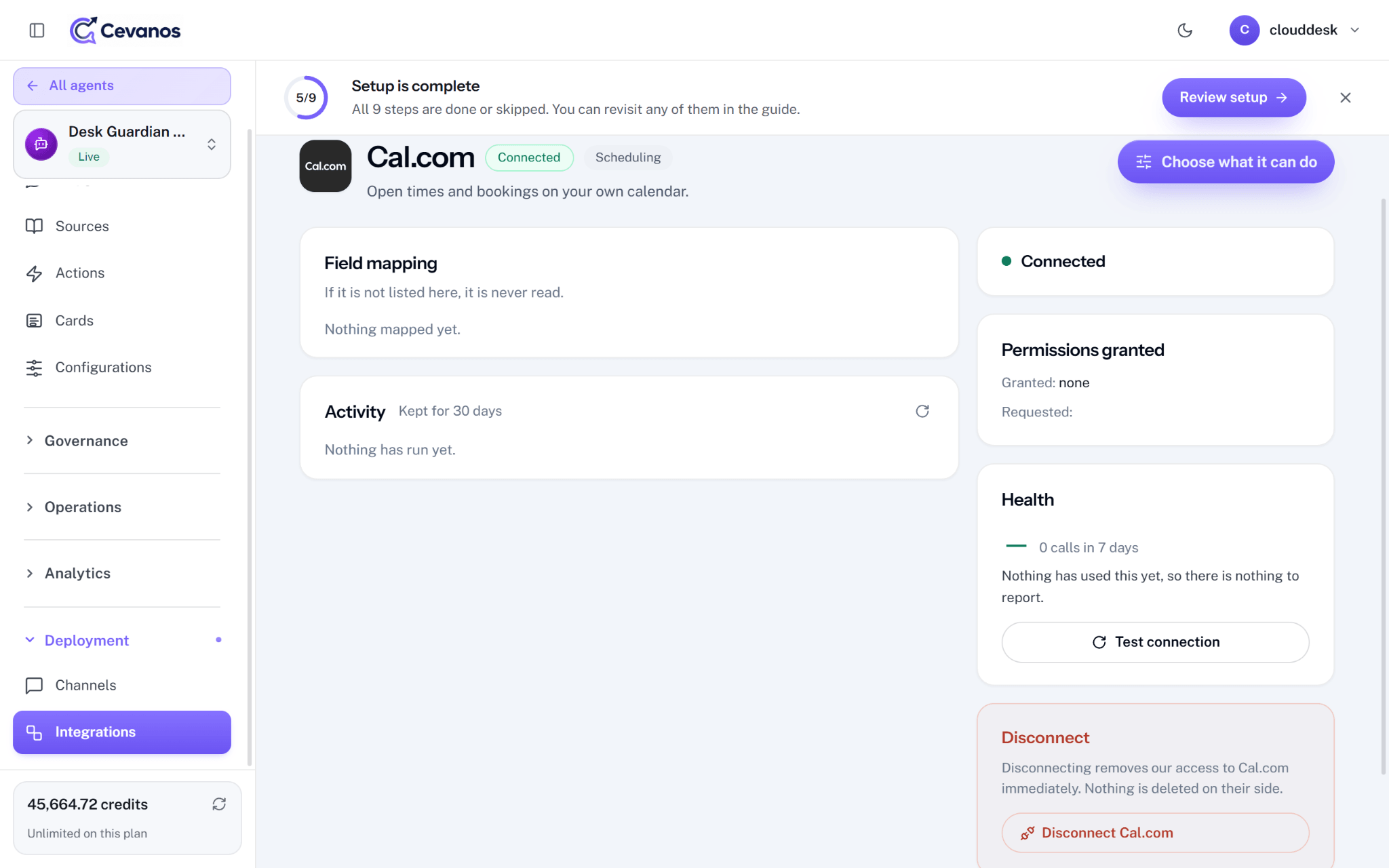 Connected Cal.com details: status, test connection and access controls.