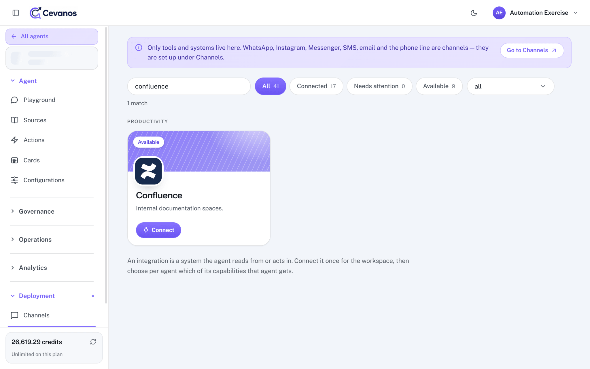 Confluence in the Integrations catalogue: click Connect.