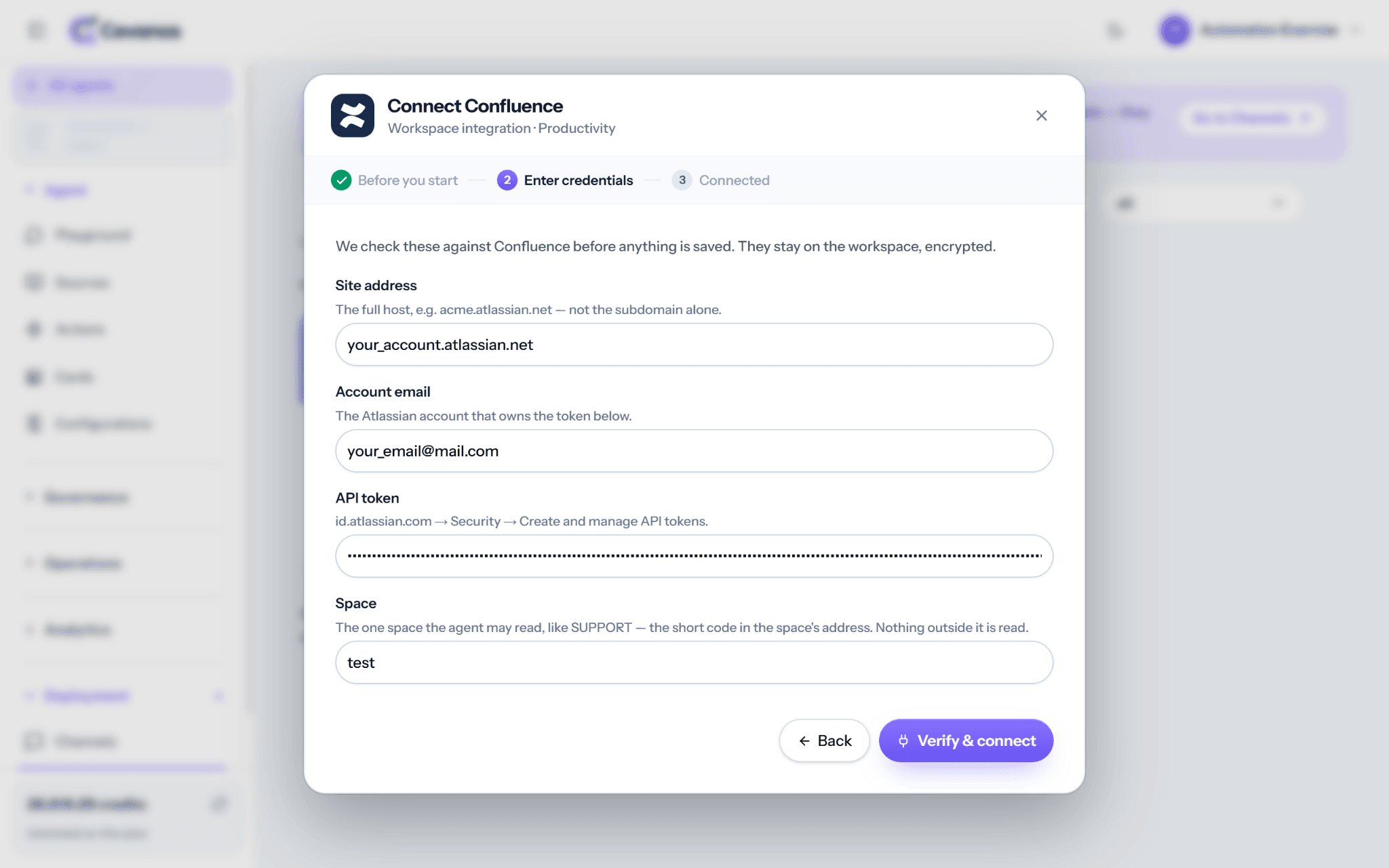 Cevanos connection form: Site address, Account email, API token and Space.