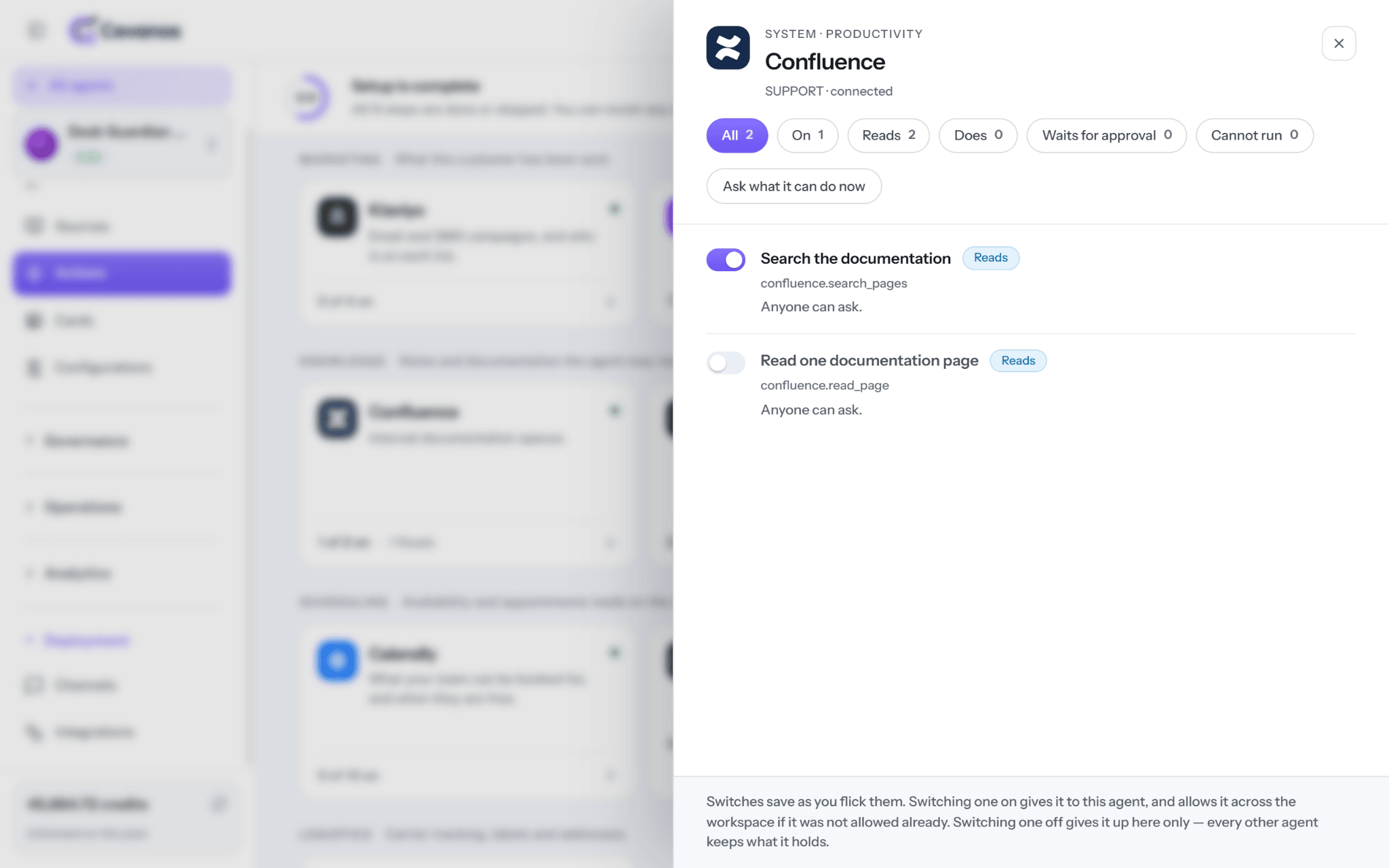 Confluence Actions panel: review the two read switches.