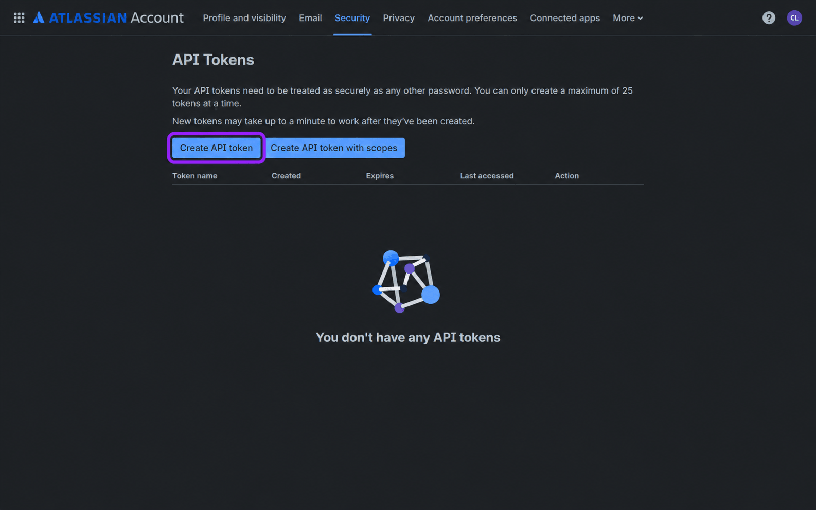 Atlassian Security → API tokens: select Create API token.