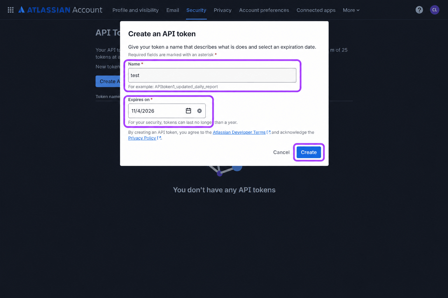 Enter a token name and expiration date, then click Create.
