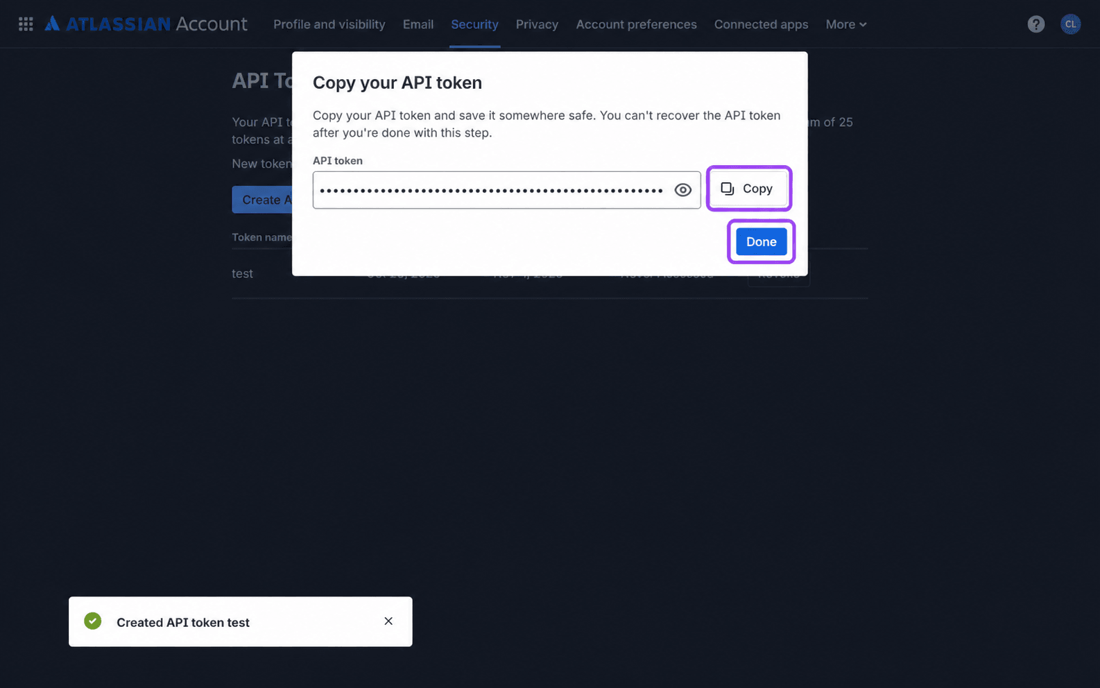 Copy the API token. Do not include it in shared documentation.