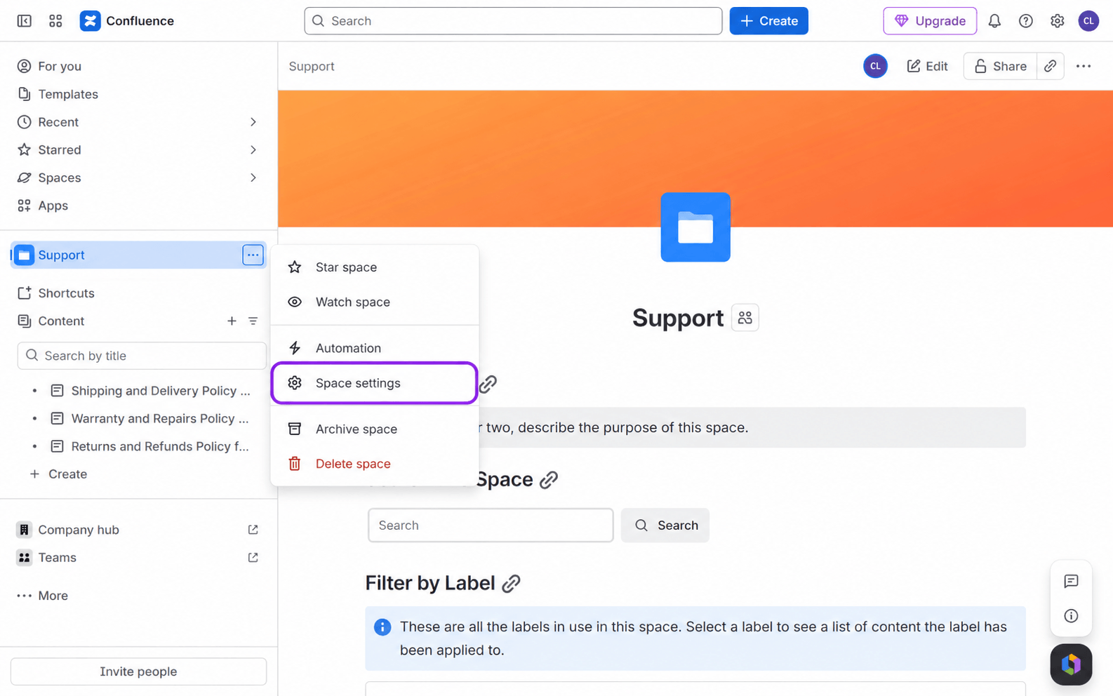 Confluence space menu: select Space settings.