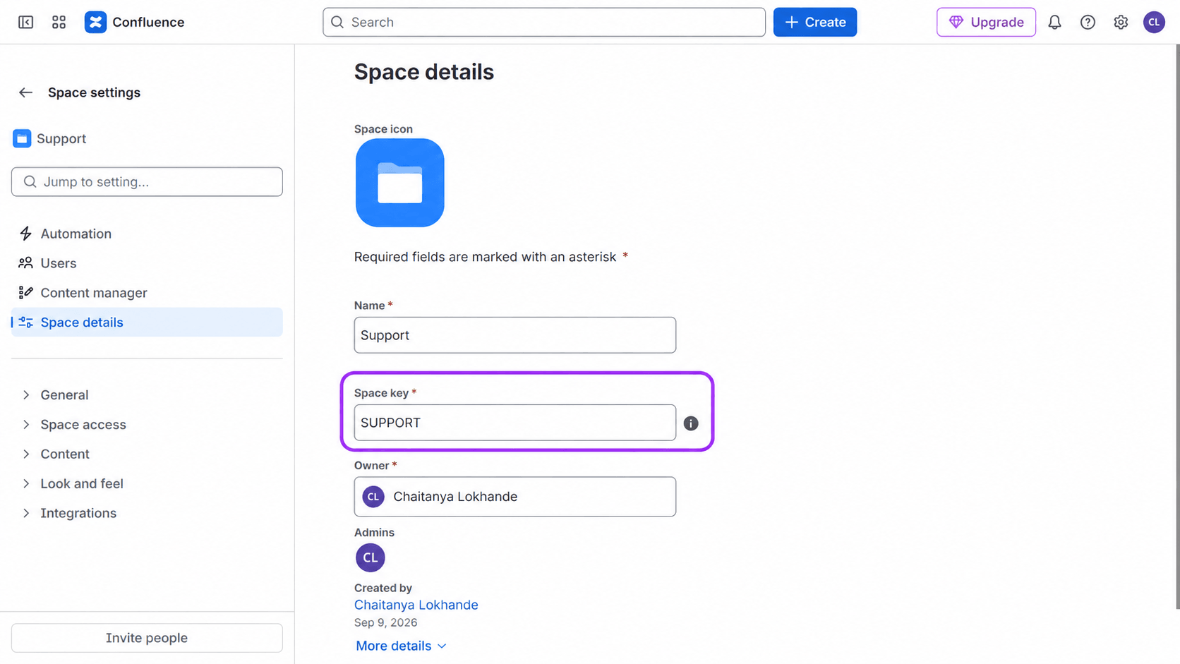 Space details: copy the Space key, not the space name.