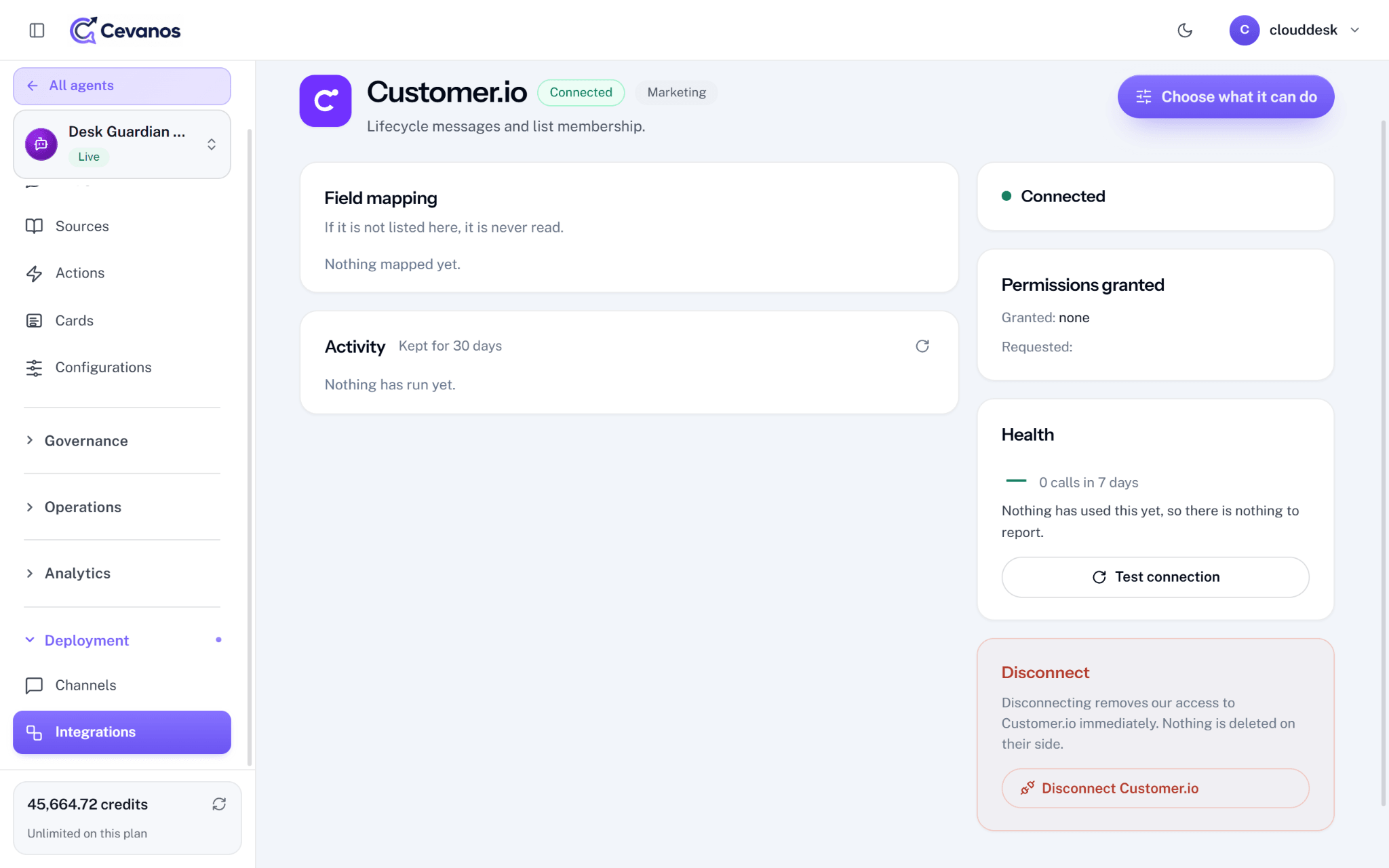 Cevanos: Customer.io details and connection status.