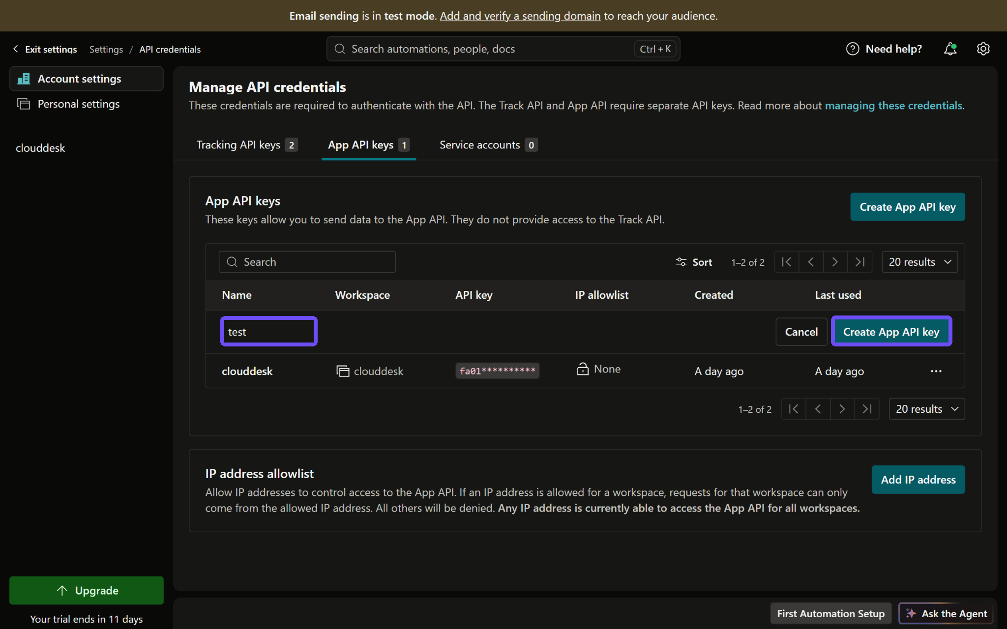 Customer.io: Name field and Create App API key button outlined.