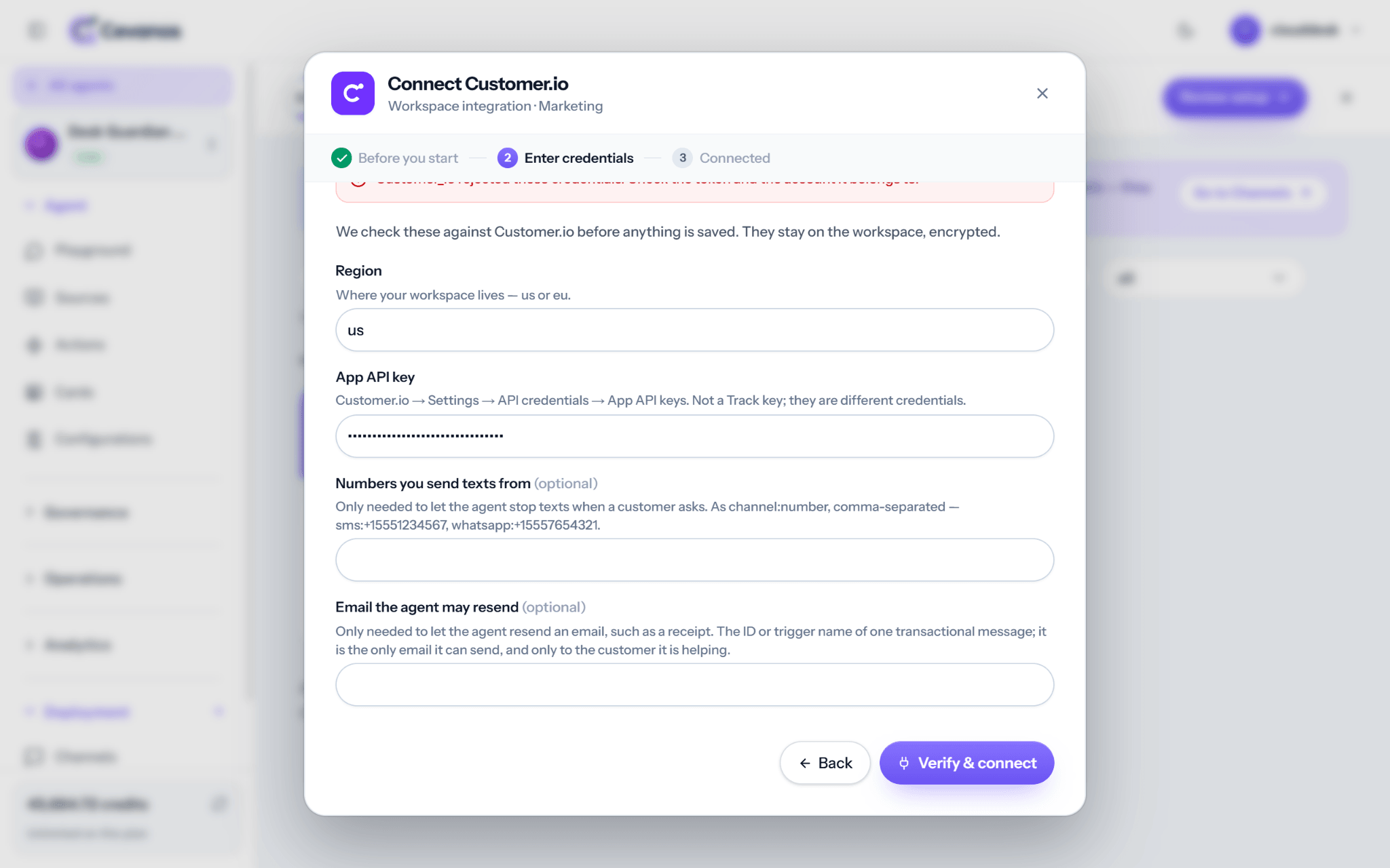 Cevanos: connection fields and verification button.