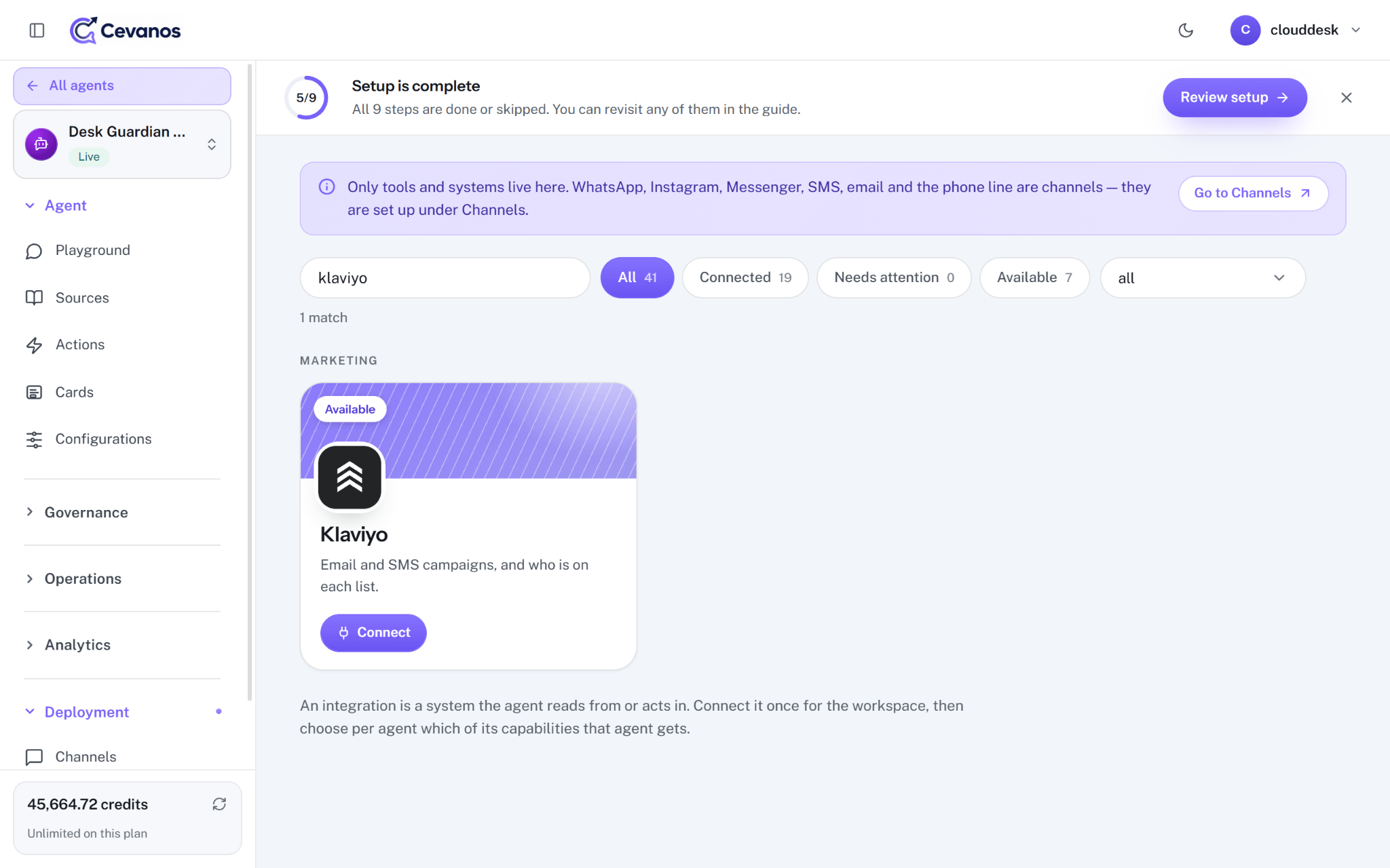 Klaviyo appears as Available. Click Connect.
