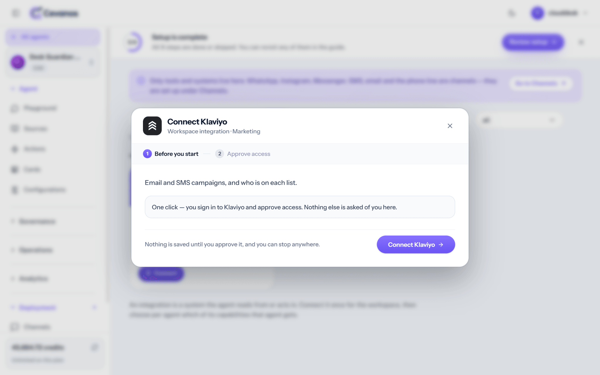 The Cevanos connection wizard: click Connect Klaviyo.