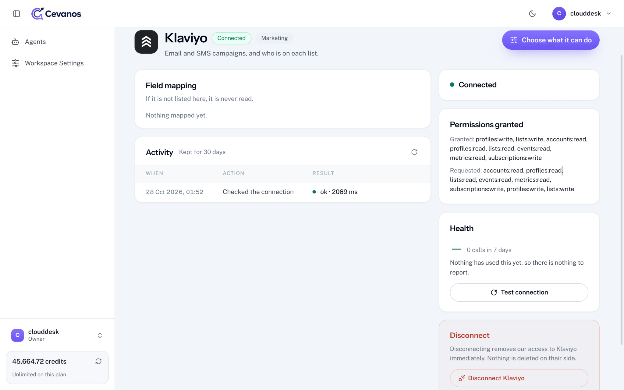 Klaviyo integration detail: Connected status, permissions, health and connection test.