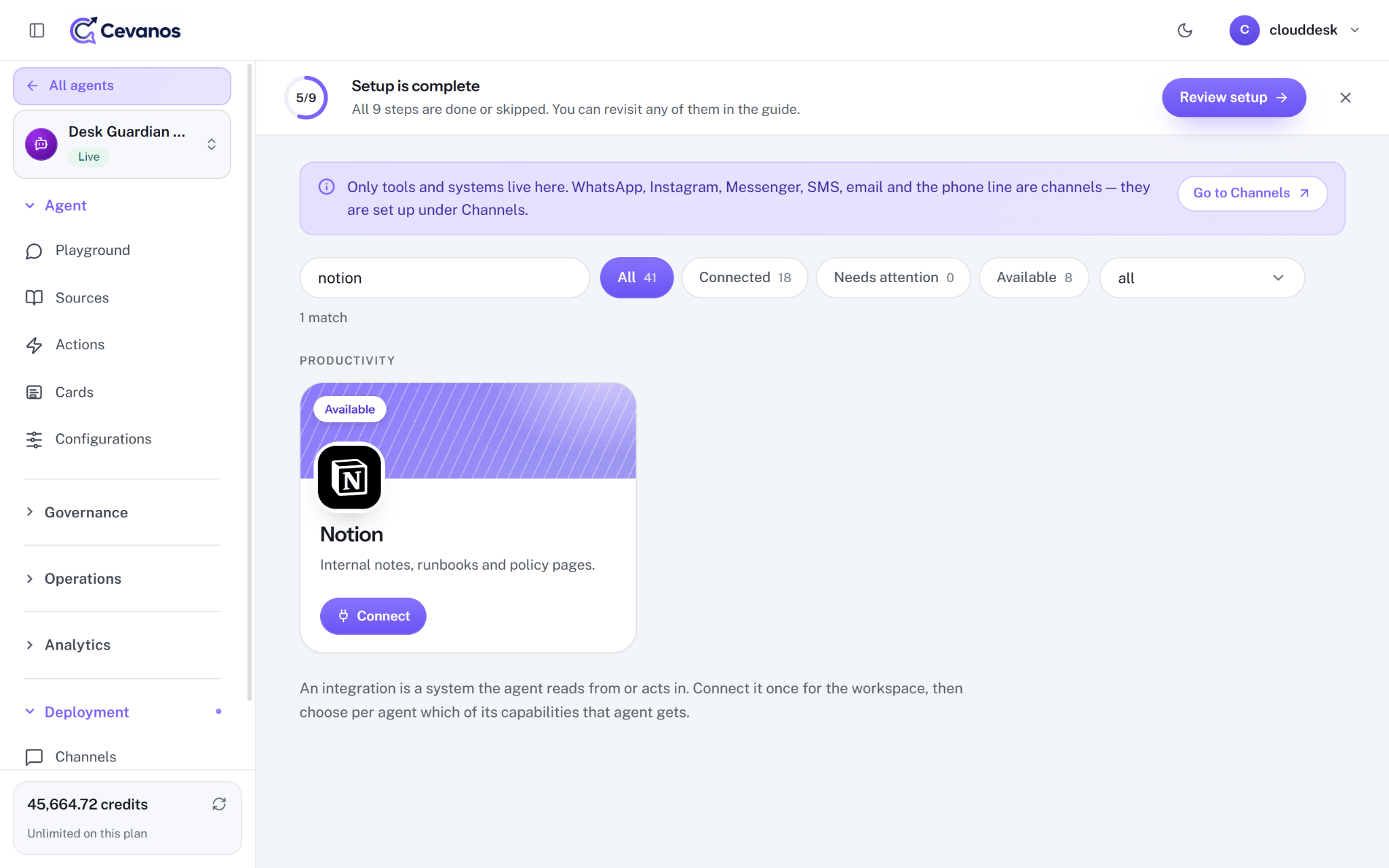 Notion integration in the Cevanos catalogue.