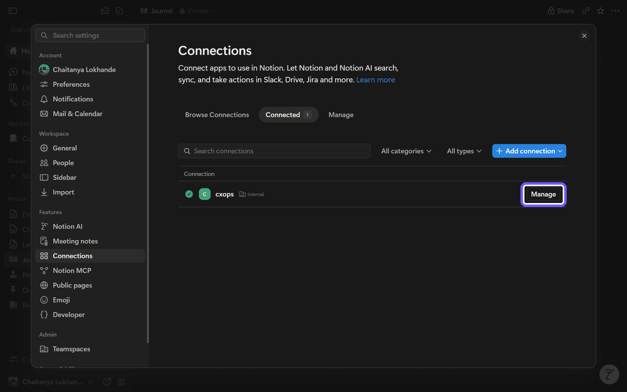 Find the connection and select Manage.