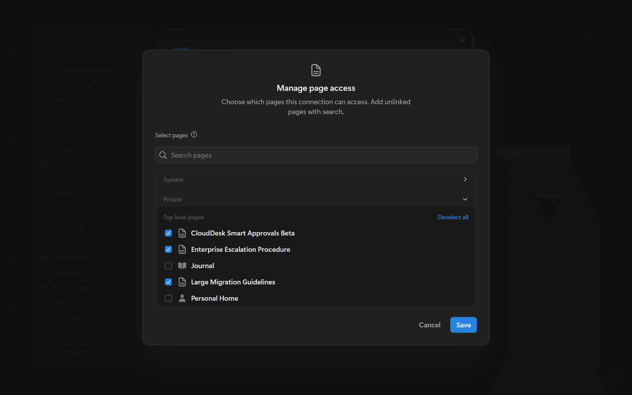 Choose approved pages and save the access selection.