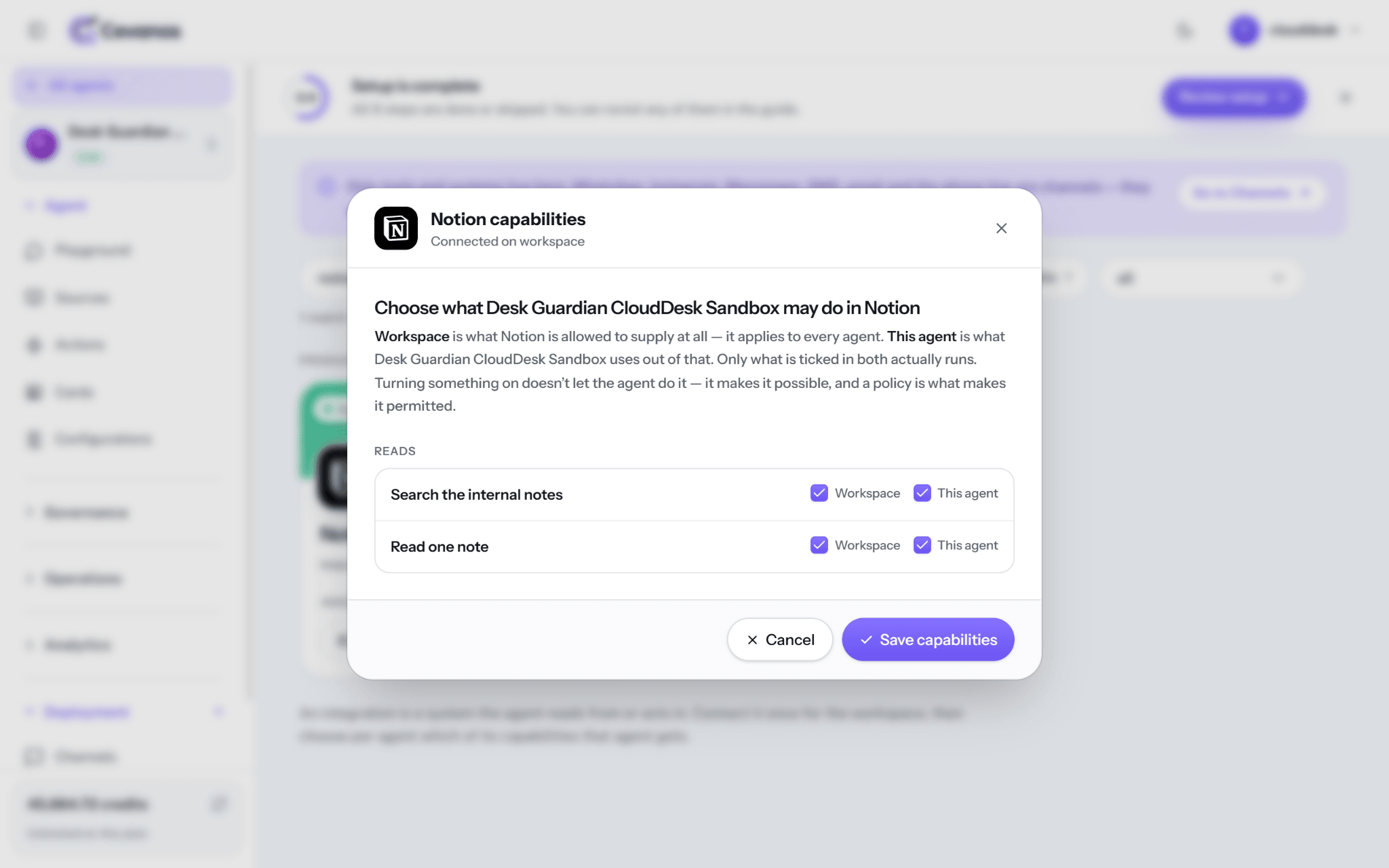 Enable the allowed Notion reads for Workspace and This agent.