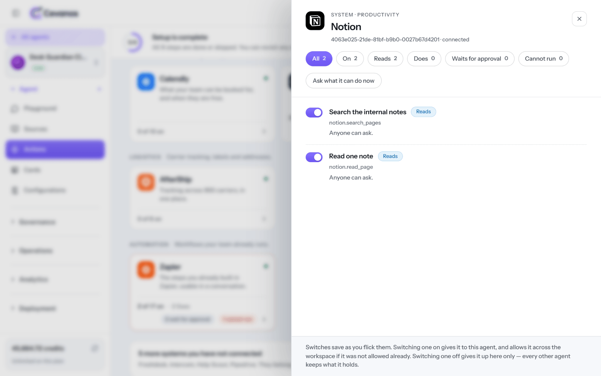 Notion Actions: Search the internal notes and Read one note.