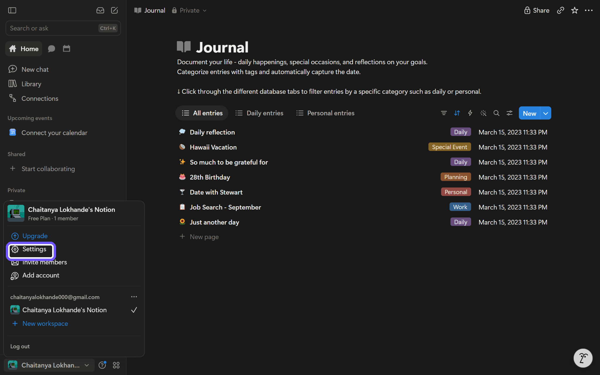 Notion workspace menu: select Settings.