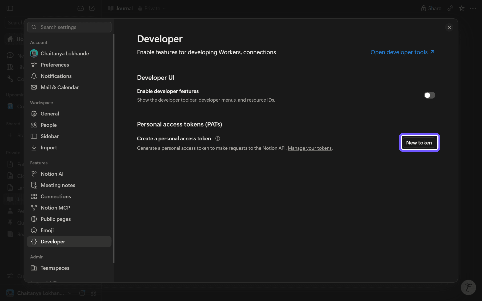 Notion Developer settings: select New token.