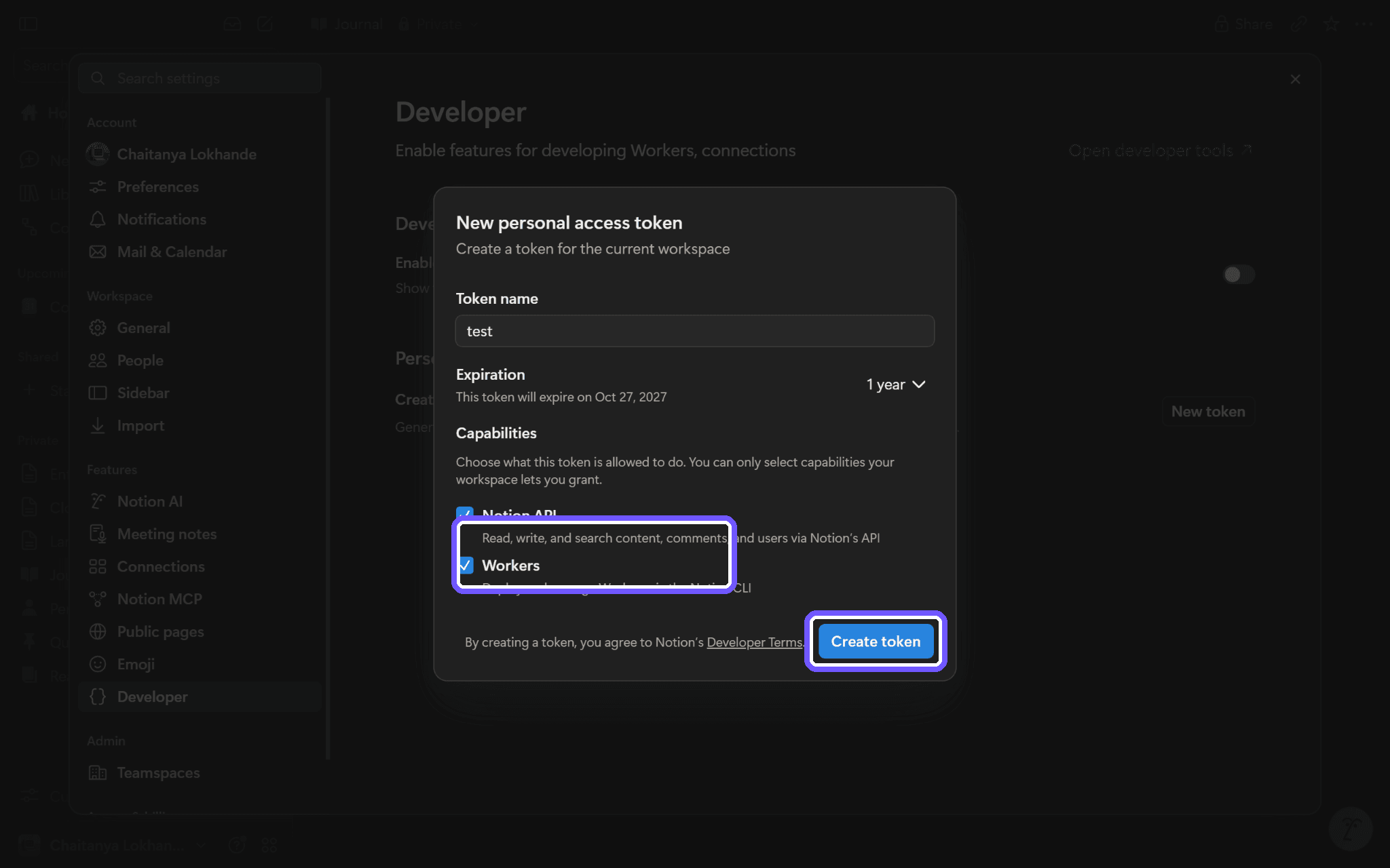 Create the token with Notion API enabled.