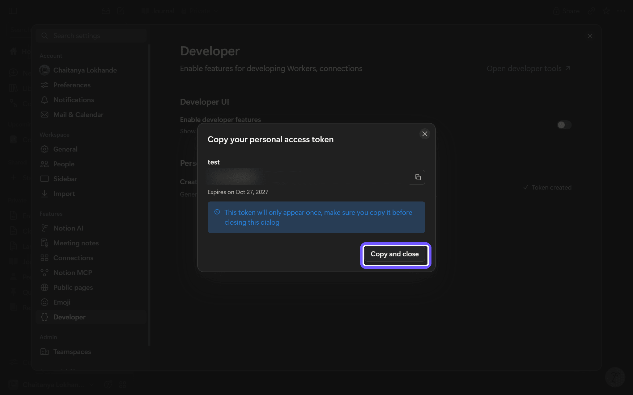 Copy the token; its value is hidden in this screenshot.