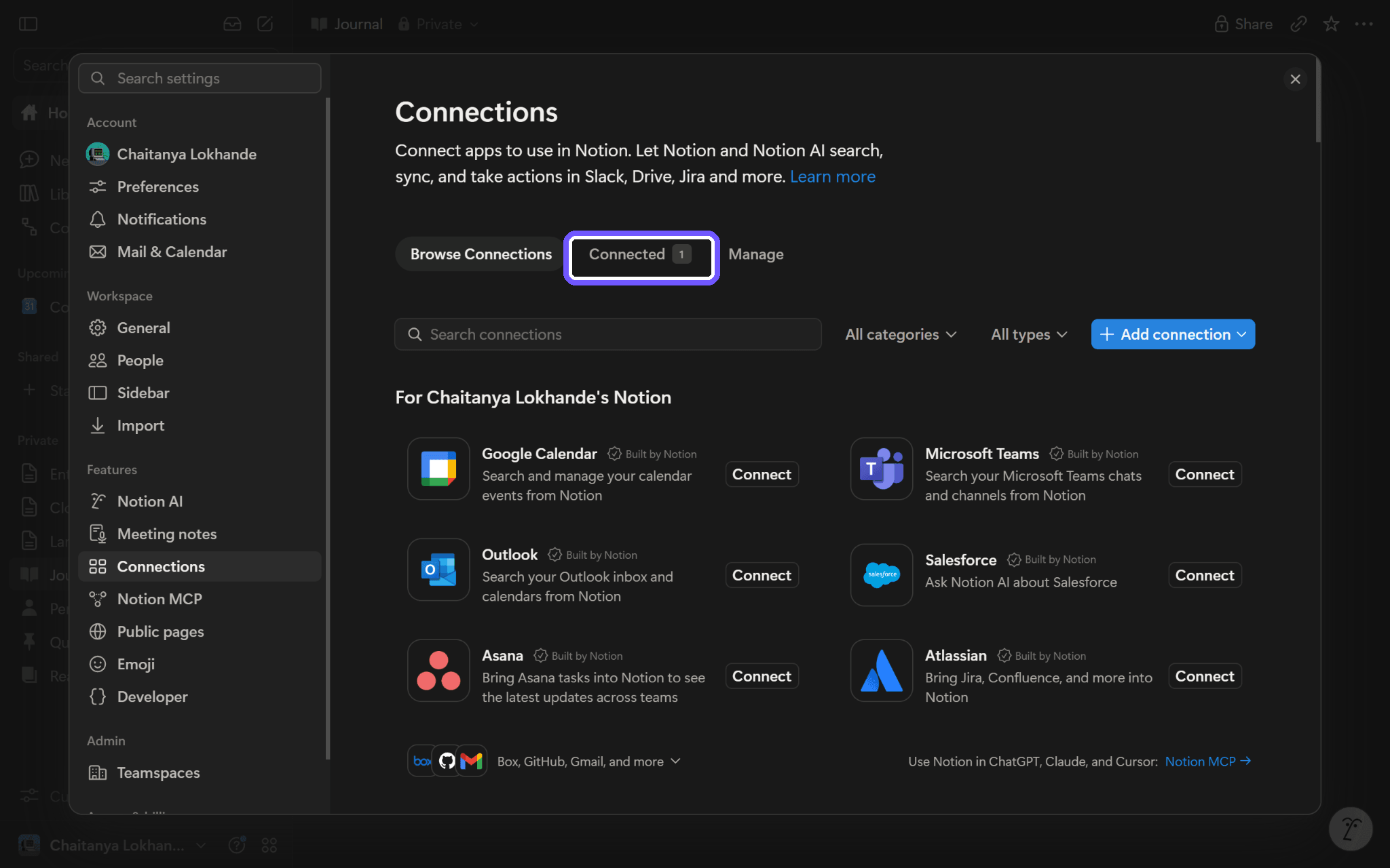 Notion Connections: select Connected.