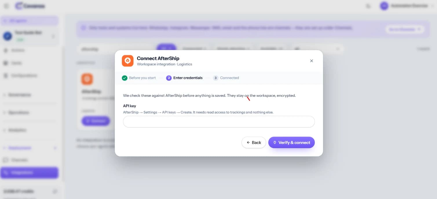 The API key screen. The key needs read access to trackings and nothing else.