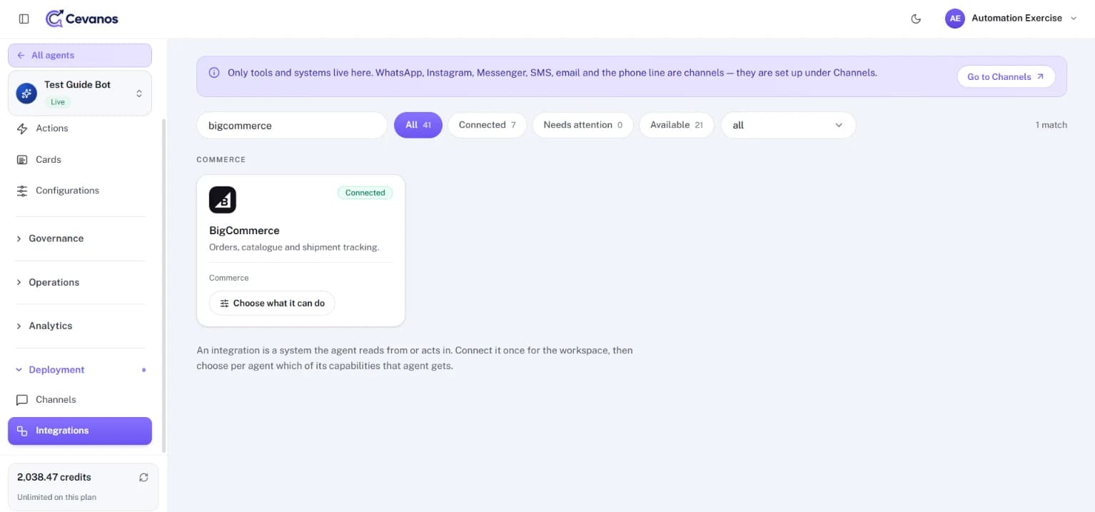 The BigCommerce card after connecting.