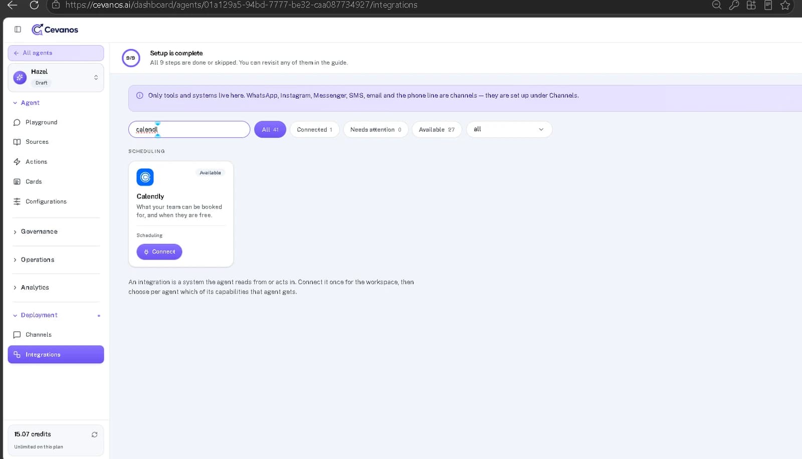 Calendly in the Integrations directory, ready to connect.