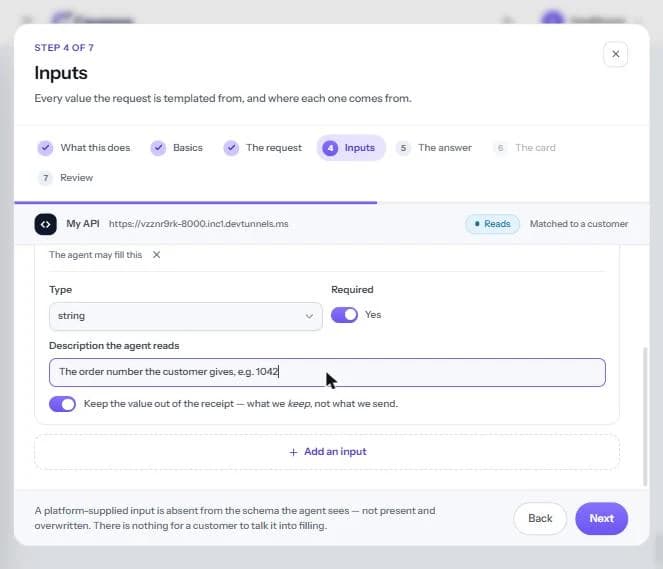 Type, Required and the description the agent reads.