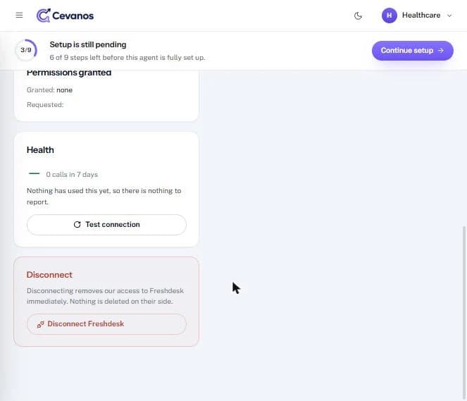 Permissions granted, Health with “Test connection”, and the Disconnect box.