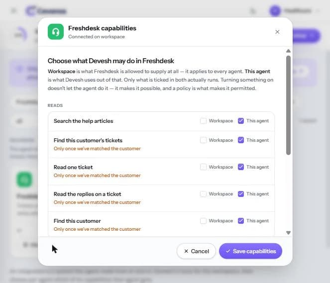 Freshdesk capabilities: the Reads list, with Workspace unticked and This agent ticked.