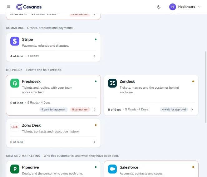 The Helpdesk section of Actions: Freshdesk with “9 cannot run” before Workspace is ticked.