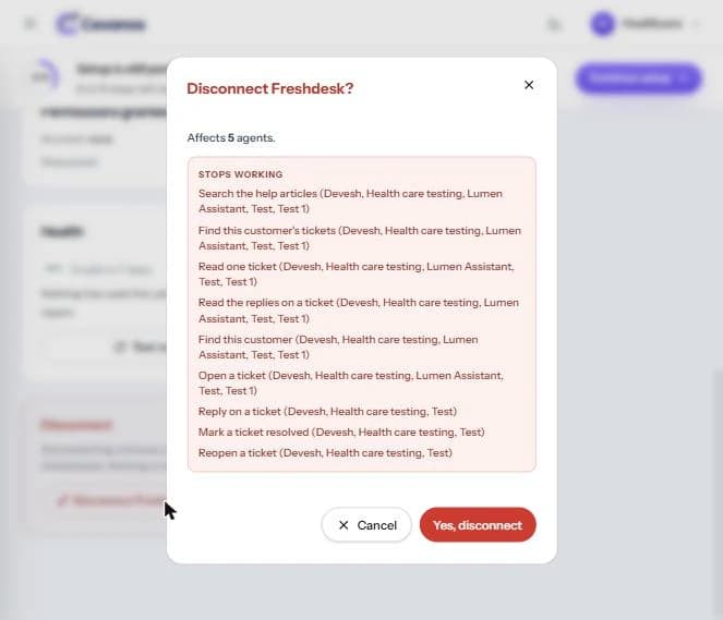 The “Disconnect Freshdesk?” confirmation, listing the affected agents and what stops working.