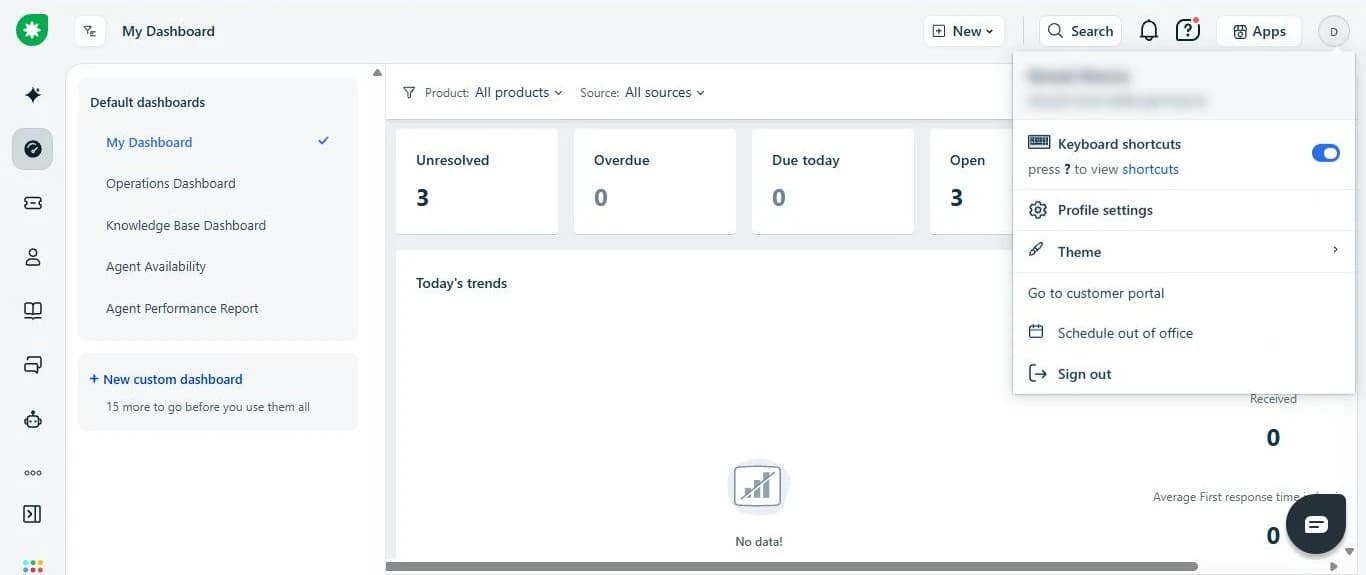 The avatar menu in Freshdesk, with Profile settings.