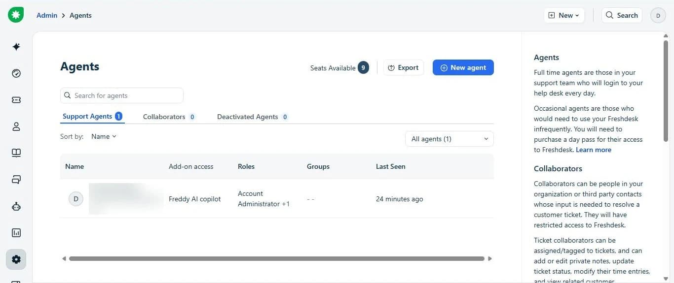 Admin → Agents: click your name in the list (blurred here).