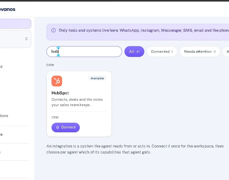 HubSpot in the Integrations directory, marked Available.