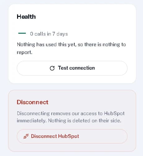 Test connection to check access, or Disconnect HubSpot to remove it.