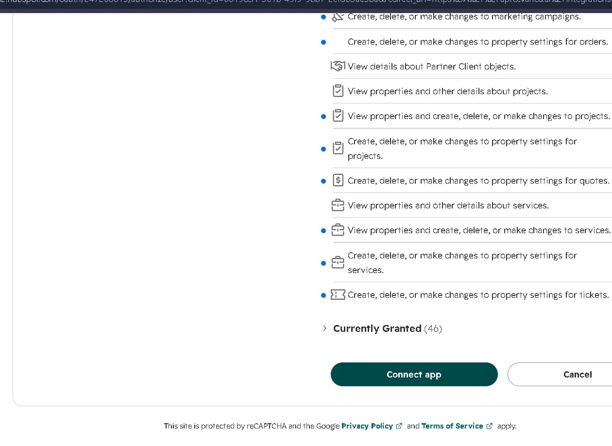 Review the requested permissions in HubSpot, then click Connect app.