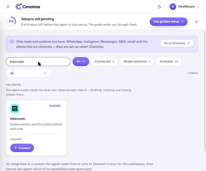 Intercom not connected: the card shows “Available” and a “Connect” button.