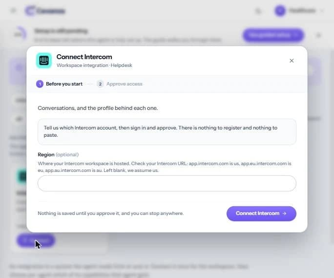 Connect Intercom, screen 1 of 2: “Before you start”, with the optional Region field.