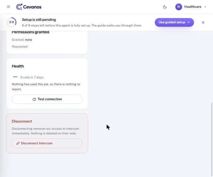 Scrolled down: Health with “Test connection”, and the Disconnect box.