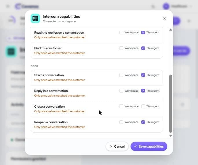 Scrolled down to the Does list and the Save capabilities button. “Close a conversation” starts unticked.